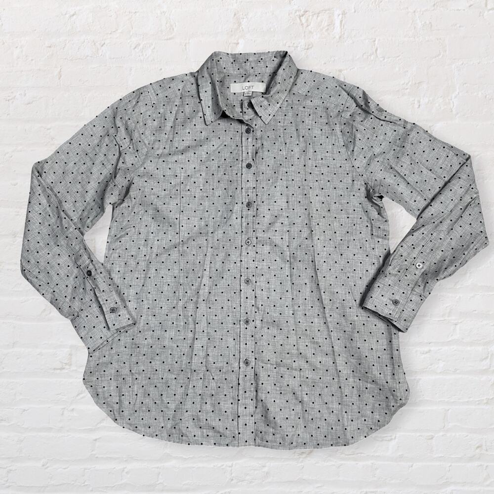 LOFT Button Up Shirt Womens S Grey Cotton Flocked Black Ditsy Polka Dot Career